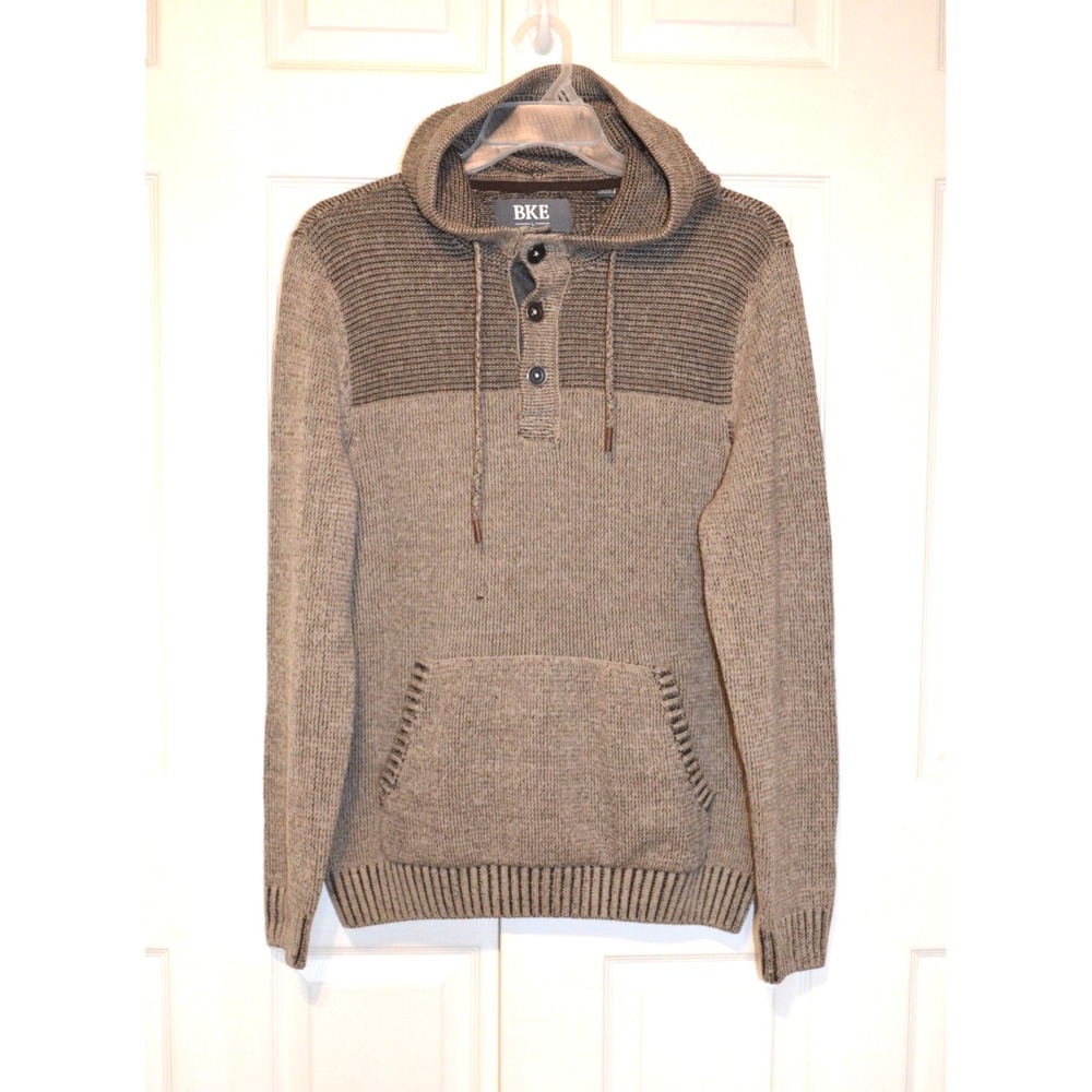 BKE Sweater Hoodie Mens L Brown 1/4  Button Pullover Knit Kangaroo Pocket Casual